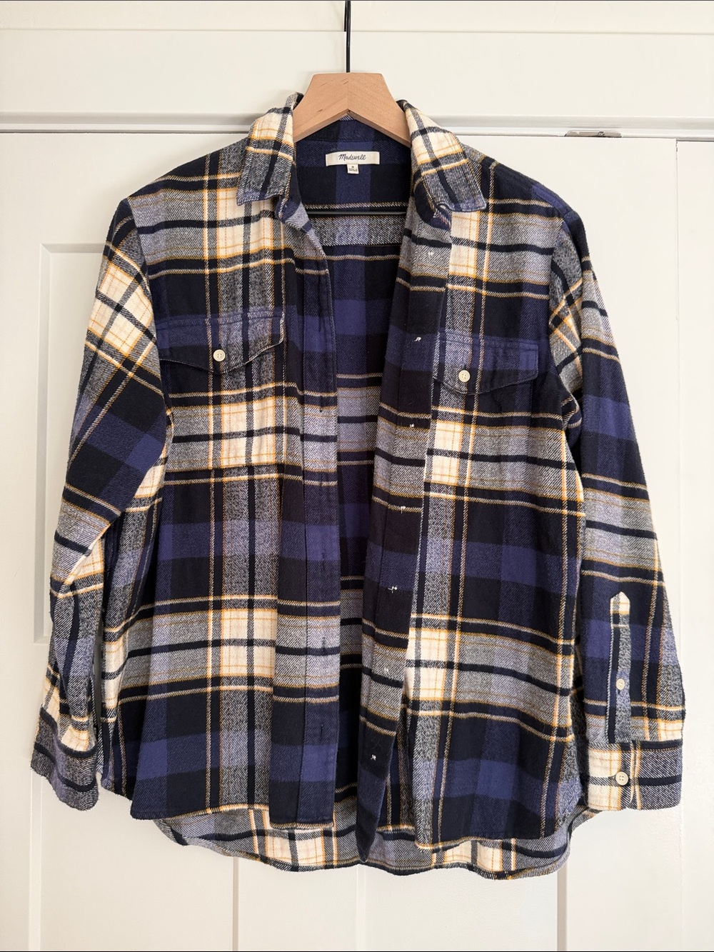 Madewell Plaid Button-Down Flannel Shirt in Navy, Black & Cream
